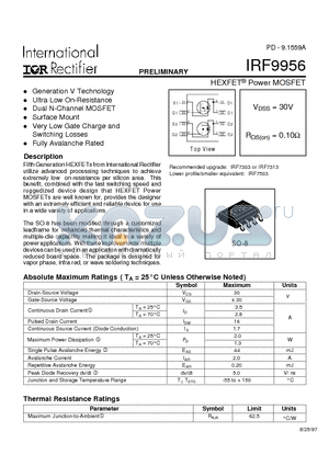 IRF9956 datasheet - Power MOSFET(Vdss=30V, Rds(on)=0.10ohm)