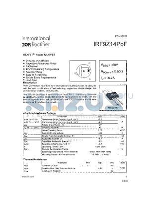 IRF9Z14PBF datasheet - HEXFET Power MOSFET ( VDSS = -60V , RDS(on) = 0.50Y , ID = -6.7A )