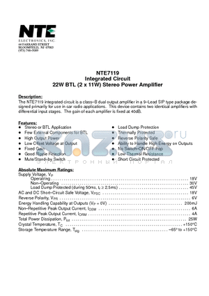 NTE7119 datasheet - Integrated Circuit 22W BTL (2 x 11W) Stereo Power Amplifier