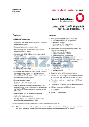 LU6612-T64-DB datasheet - LU6612 FASTCAT TM Single-FET for 10Base-T/100Base-TX