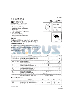 IRF9Z24PBF datasheet - power mosfet