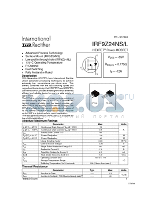 IRF9Z24NS datasheet - Power MOSFET(Vdss=-55V, Rds(on)=0.175ohm, Id=-12A)