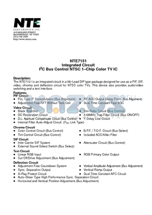 NTE7151 datasheet - Integrated Circuit I2C Bus Control NTSC 1-Chip Color TV IC