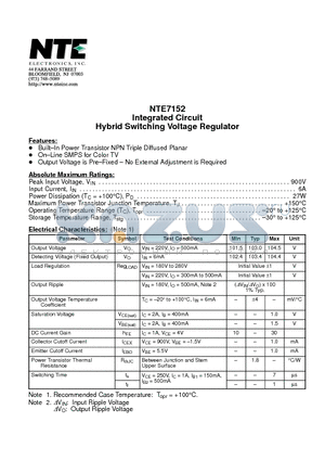 NTE7152 datasheet - Integrated Circuit Hybrid Switching Voltage Regulator