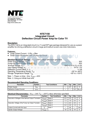 NTE7158 datasheet - Integrated Circuit Deflection Circuit Power Amp for Color TV