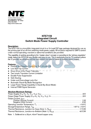 NTE7159 datasheet - Integrated Circuit Switch Mode Power Supply Controller