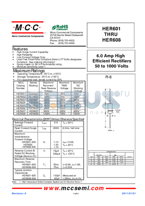 HER601 datasheet - 6.0 Amp High Efficient Rectifiers 50 to 1000 Volts