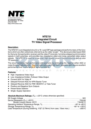 NTE731 datasheet - Integrated Circuit TV Video Signal Processor