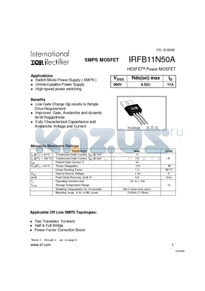 IRFB11N50A datasheet - Power MOSFET(Vdss=500V, Rds(on)max=0.52ohm, Id=11A)