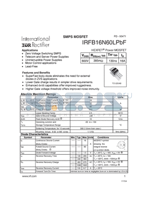 IRFB16N60LPBF datasheet - SMPS MOSFET