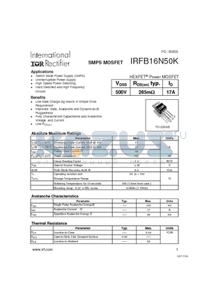 IRFB16N50K datasheet - SMPS MOSFET