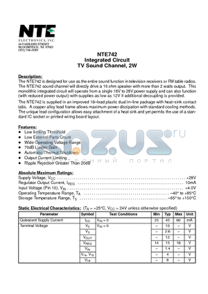 NTE742 datasheet - Integrated Circuit TV Sound Channel, 2W
