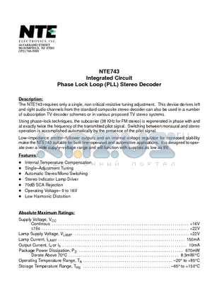 NTE743 datasheet - Integrated Circuit Phase Lock Loop (PLL) Stereo Decoder