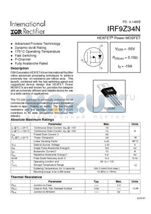 IRF9Z34N datasheet - Power MOSFET(Vdss=-55V, Rds(on)=0.10ohm, Id=-19A)