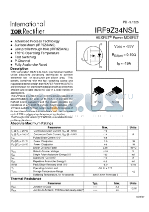 IRF9Z34NL datasheet - Power MOSFET(Vdss=-55V, Rds(on)=0.10ohm, Id=-19A)