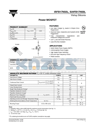 IRFB17N50LPBF datasheet - Power MOSFET