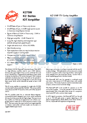 K275W datasheet - K2 UHF-TV Cavity Amplifier