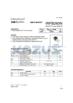 IRFB260N datasheet - Power MOSFET(Vdss=200V, Rds(on)max=0.040ohm, Id=56A)