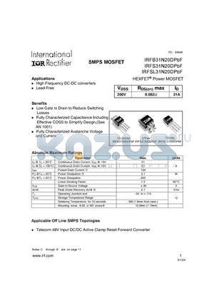 IRFB31N20DPBF datasheet - HEXFET Power MOSFET ( VDSS = 200V , RDS(on)max = 0.082Y , ID = 31A )