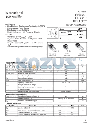 IRFB3207 datasheet - HEXFET Power MOSFET