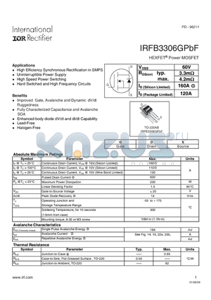 IRFB3306GPBF datasheet - HEXFET Power MOSFET