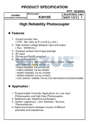 K30102B datasheet - High Reliability Photocoupler