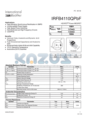 IRFB4110QPBF datasheet - HEXFET Power MOSFET