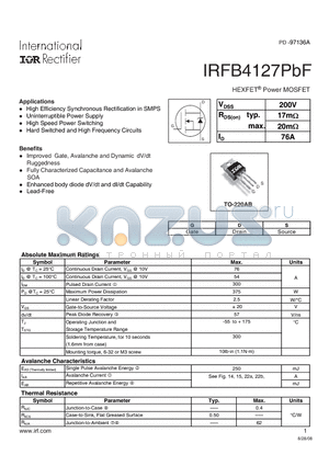 IRFB4127PBF datasheet - HEXFETPower MOSFET
