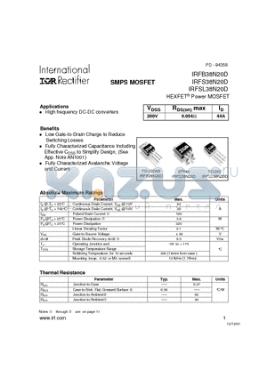 IRFB38N20D datasheet - Power MOSFET(Vdss=200V, Rds(on)max=0.054ohm, Id=44A)