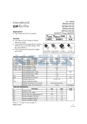 IRFB41N15D datasheet - HEXFET Power MOSFET