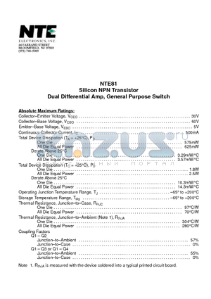NTE81 datasheet - Silicon NPN Transistor Dual Differential Amp, General Purpose Switch