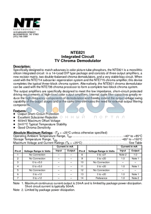 NTE821 datasheet - Integrated Circuit TV Chroma Demodulator