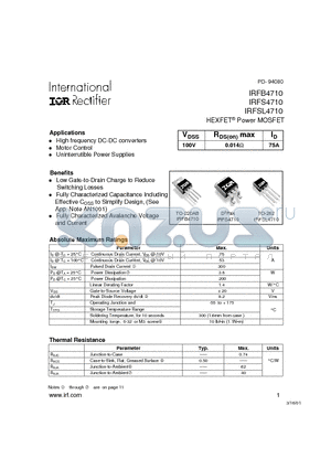 IRFB4710 datasheet - Power MOSFET(Vdss=100v, Rds(on)max=0.014ohm, Id=75A)
