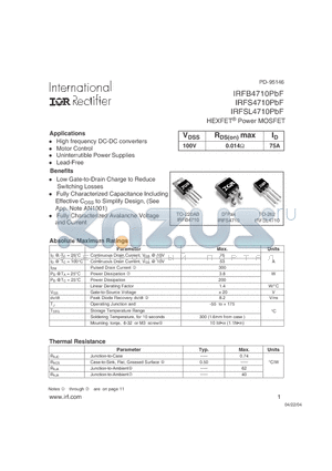 IRFB4710PBF datasheet - HEXFET^ Power MOSFET