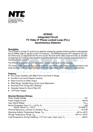 NTE843 datasheet - Integrated Circuit TV Video IF Phase Locked Loop (PLL) Synchronous Detector