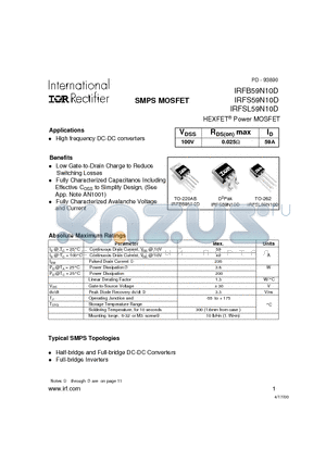 IRFB59N10 datasheet - Power MOSFET(Vdss=100V, Rds(on)max=0.025ohm, Id=59A)