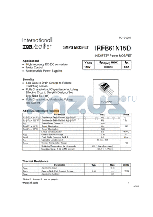IRFB61N15D datasheet - Power MOSFET(Vdss=150V, Rds(on)max=0.032ohm, Id=50A)