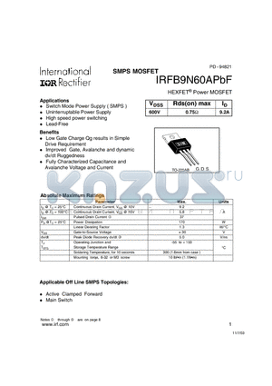 IRFB9N60APBF datasheet - HEXFET Power MOSFET