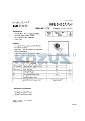 IRFB9N65APBF datasheet - SMPS MOSFET