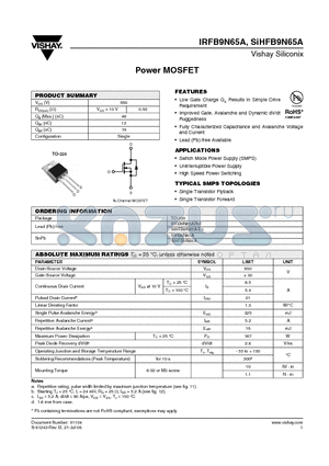 IRFB9N65APBF datasheet - Power MOSFET