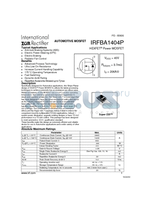 IRFBA1404 datasheet - Power MOSFET(Vdss=40V, Rds(on)=3.7mohm, Id=206A)
