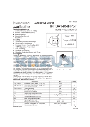 IRFBA1404PPBF datasheet - AUTOMOTIVE MOSFET HEXFET^ Power MOSFET