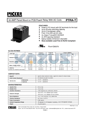 PTRA1AOT5 datasheet - 30 AMP Panel Mount or PCB Power Relay With AC Coils