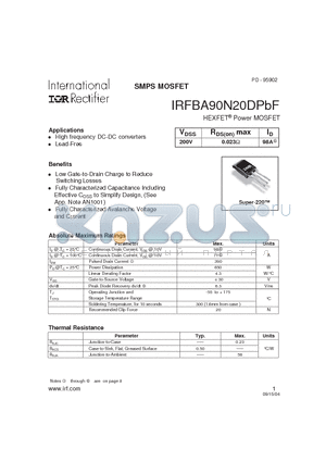IRFBA90N20DPBF datasheet - HEXFET^Power MOSFET