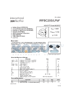 IRFBC20LPBF datasheet - HEXFET Power MOSFET