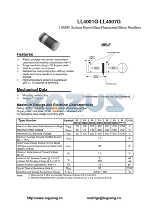 LL4001G datasheet - 1.0AMP. Surface Mount Glass Plassivated Silicon Rectifiers