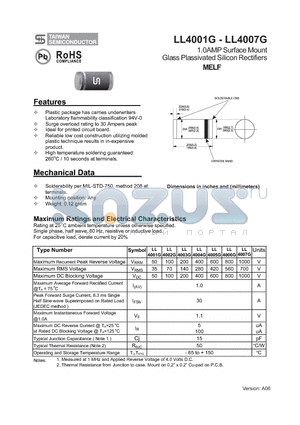 LL4001G datasheet - 1.0AMP Surface Mount Glass Plassivated Silicon Rectifiers