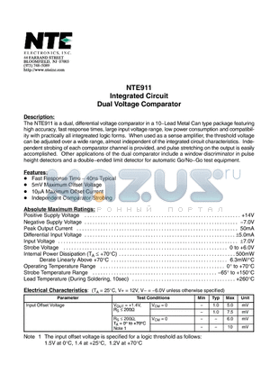 NTE911 datasheet - Integrated Circuit Dual Voltage Comparator