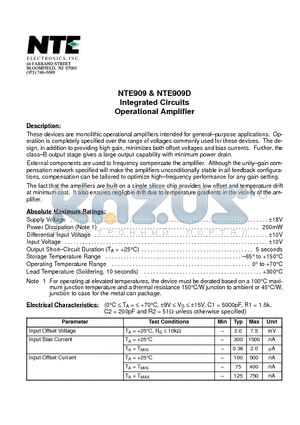 NTE909D datasheet - Integrated Circuits Operational Amplifier