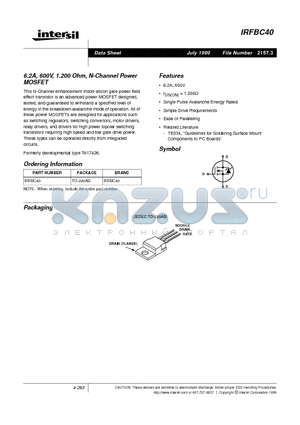 IRFBC40 datasheet - 6.2A, 600V, 1.200 Ohm, N-Channel Power MOSFET